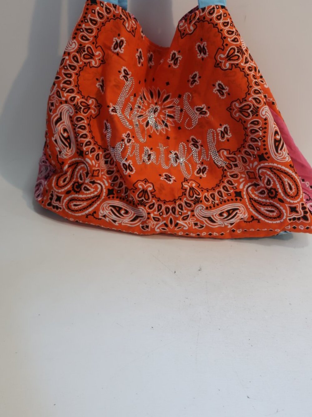 NWT Womens Tina Demel Jumbo "Life Is Beautiful" Assorted Colors Bandana Tote Bag - Picture 2 of 7